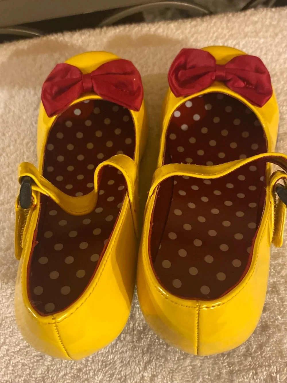 Source Unknown Bright Yellow Mary Janes with Red Bows